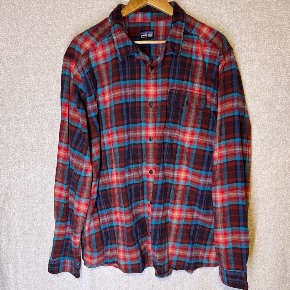 Patagonia Organic Cotton Men's XXL Plaid Flannel Shirt Red Blue Long Sleeve